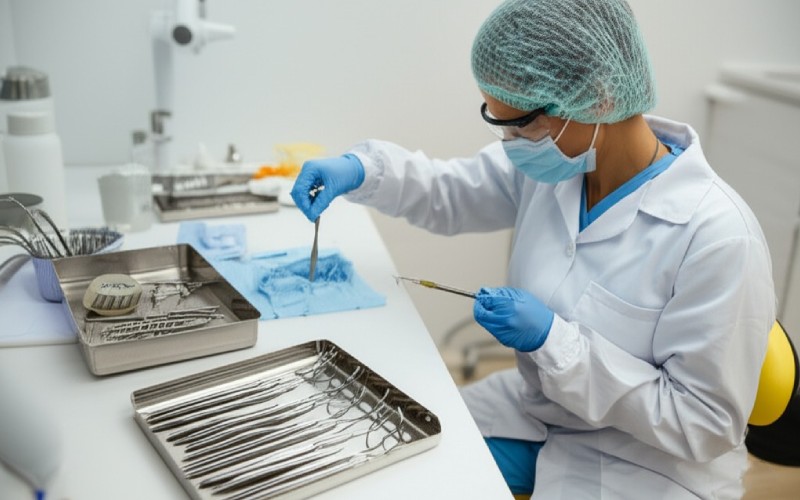 Dental professional using proper PPE at sterilization station