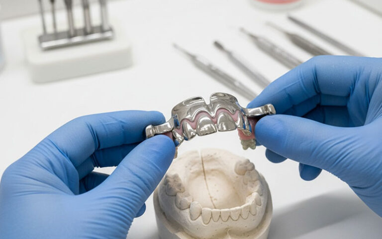Dentist holding a maxillary denture model