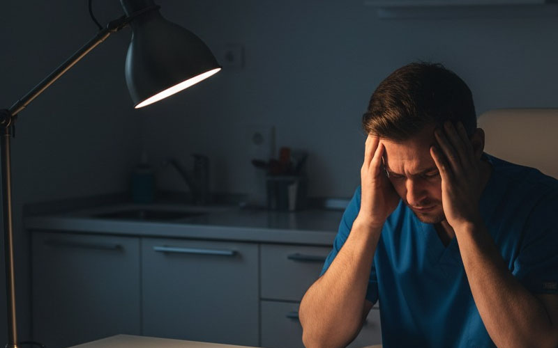 Stressed dentist managing practice paperwork