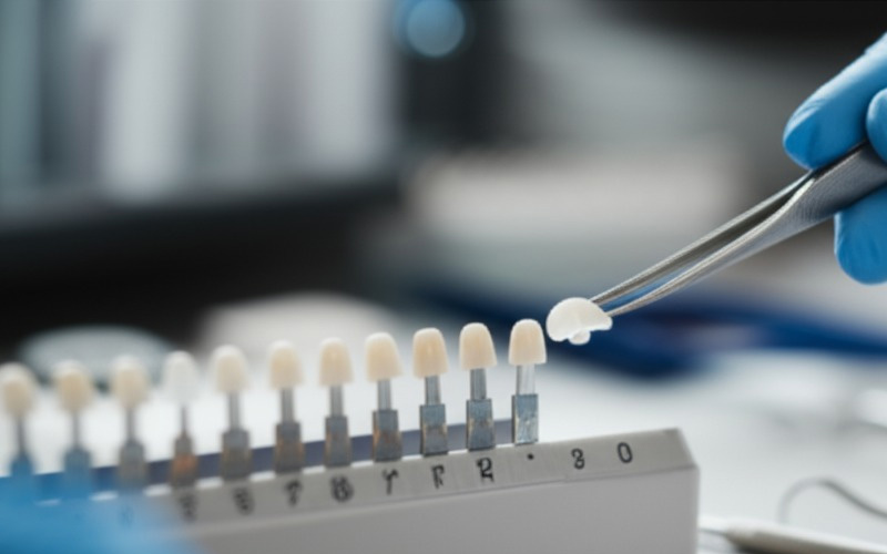 Un técnico iguala el color de una corona dental