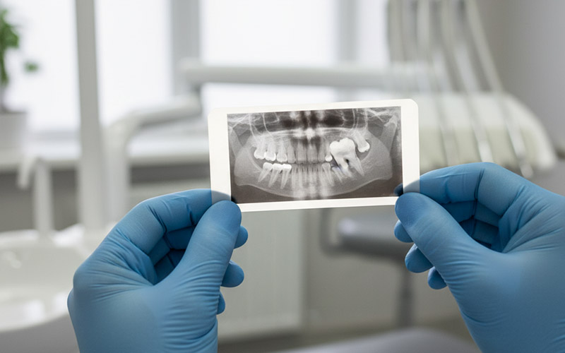 Dentist examining a tooth x-ray