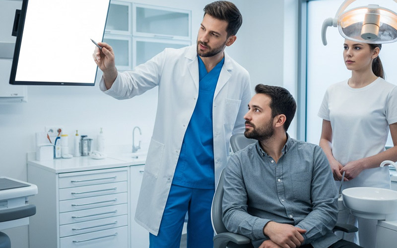 Il dentista spiega un esame dentale completo