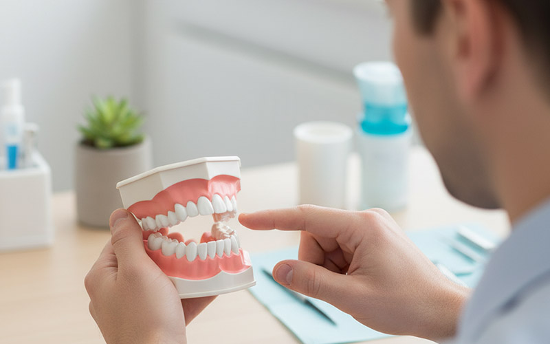 Dentist explaining with a tooth model