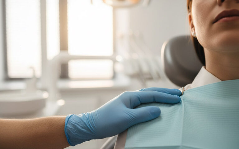 Dentist's hand reassuring a patient