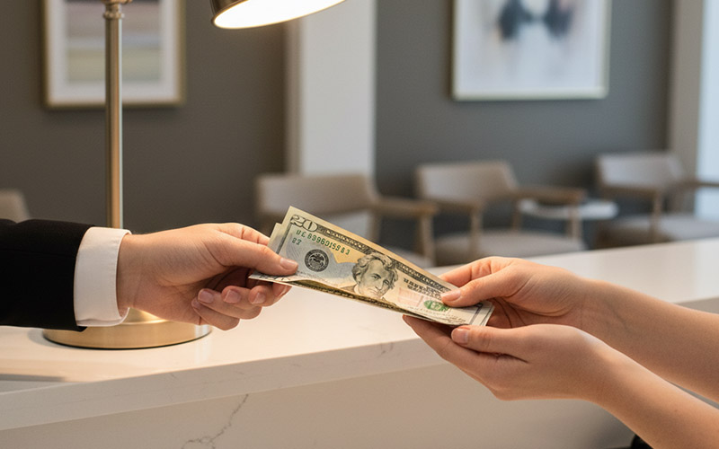 Hand paying cash at a dental office