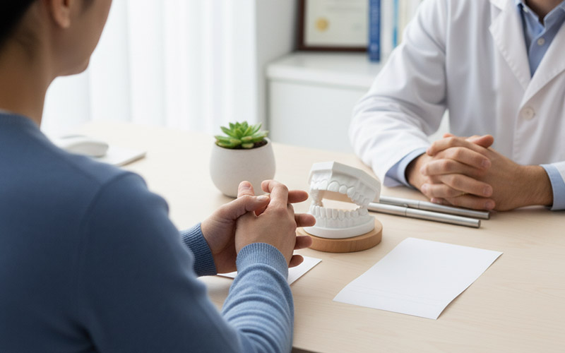 Patient having a discussion with a dentist