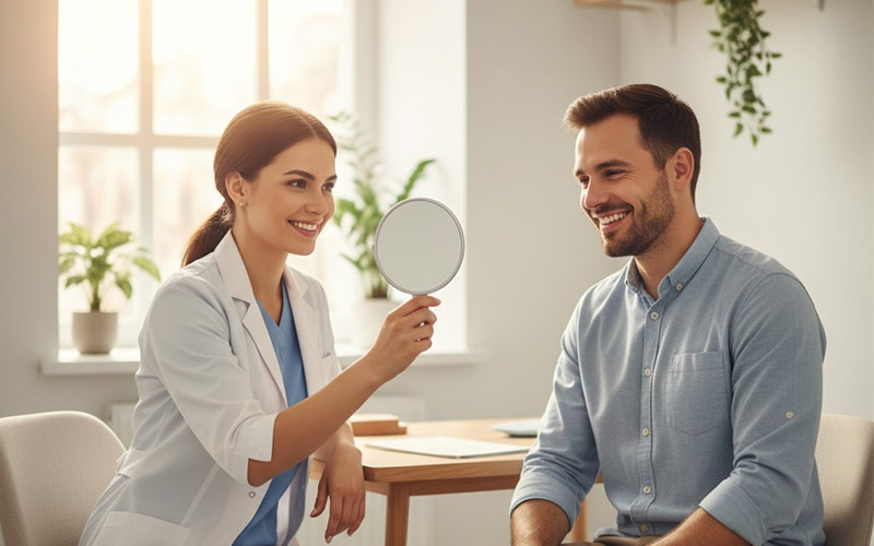 Paziente durante un consulto odontoiatrico estetico