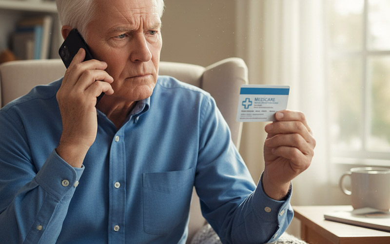 Anciano al teléfono con tarjeta de Medicare