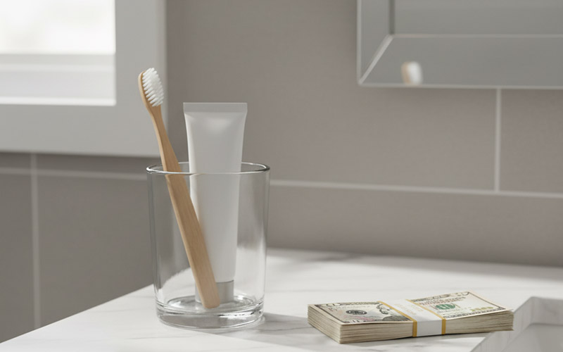 Toothbrush and cash on a counter