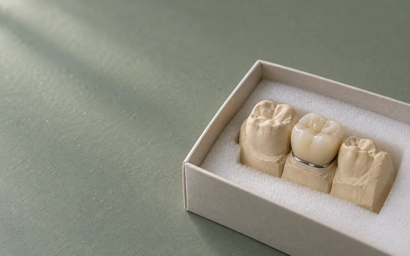 A completed PFM crown on its working model in a dental lab case box.