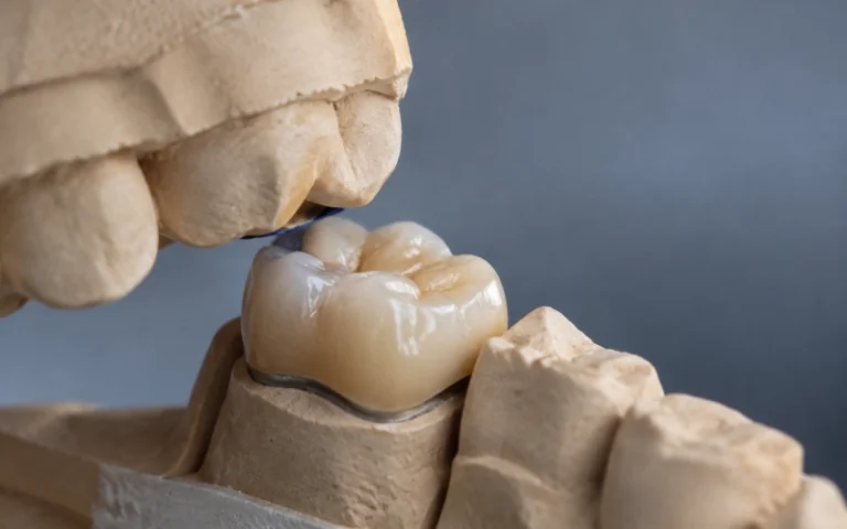 Close-up of a PFM crown and opposing tooth with limited occlusal clearance