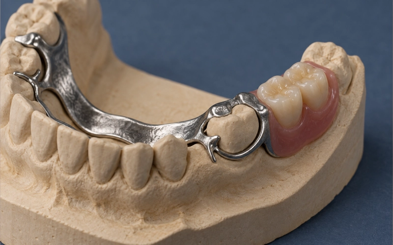 Cobalt-chromium partial denture framework fitted to a dental stone model.