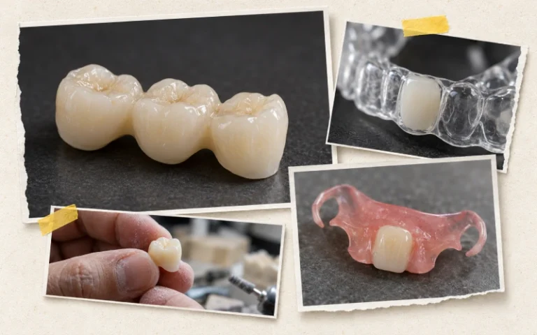 Collage of temporary teeth and dental appliances