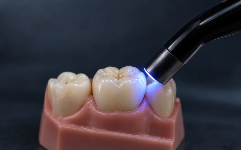 Dental curing light directed toward a seated E.max ceramic crown.