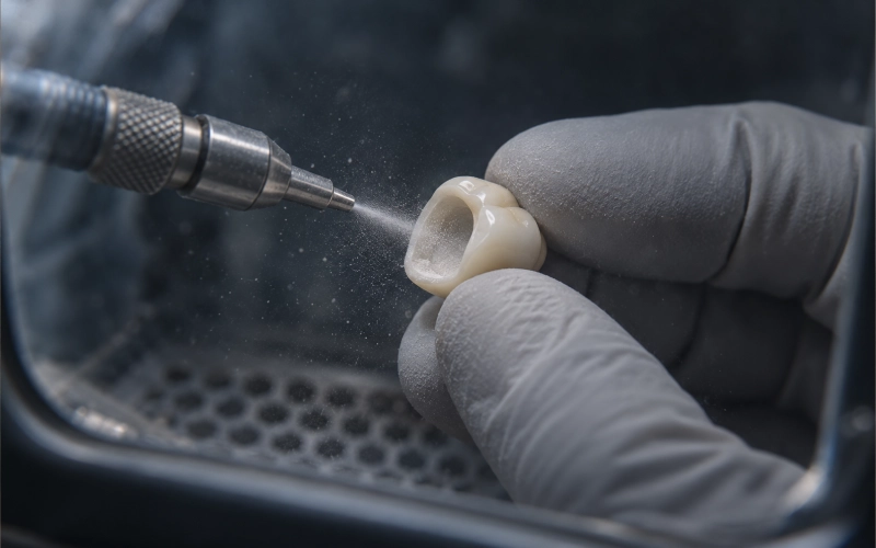 Dental technician abrading the inner surface of a zirconia crown