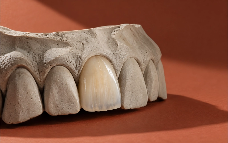 E.max ceramic veneer seated on a dental stone model