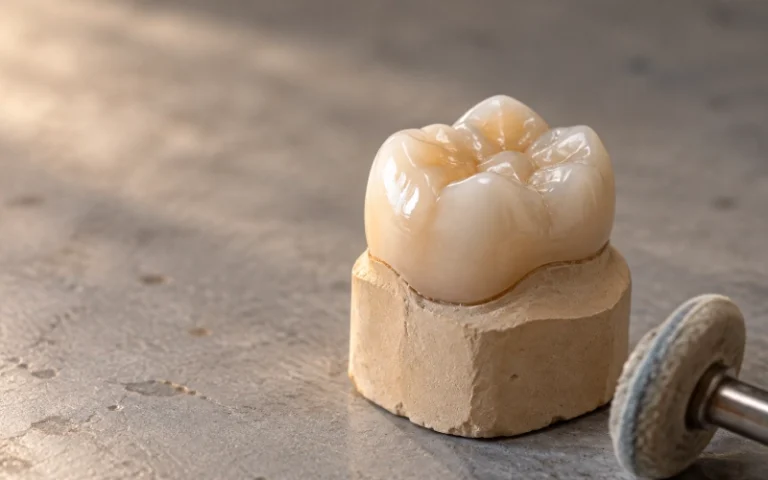 Monolithic zirconia crown showing subtle glazed and polished surface finishes.