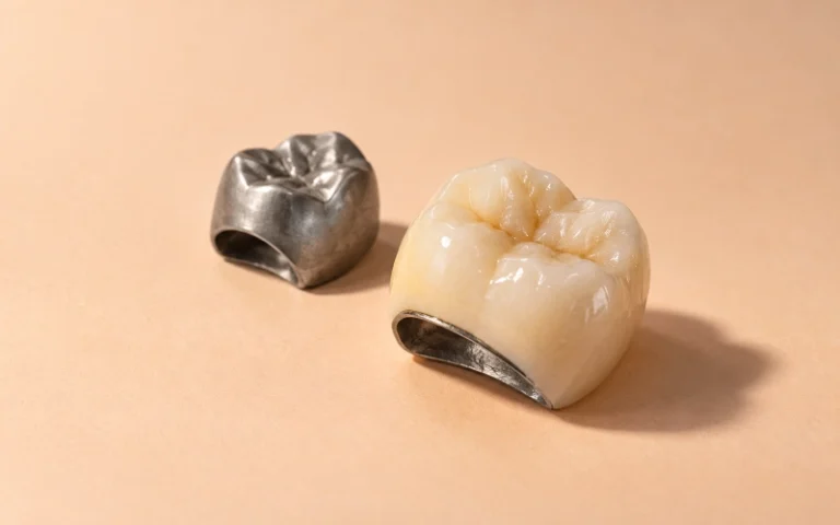 Porcelain-fused-to-metal crown beside a metal coping.