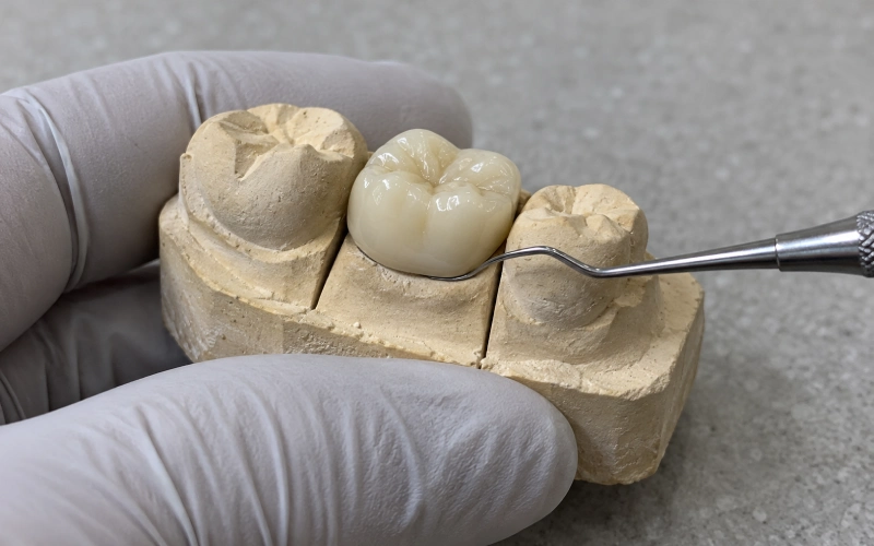 Technician checking a PFM crown margin on a stone model.