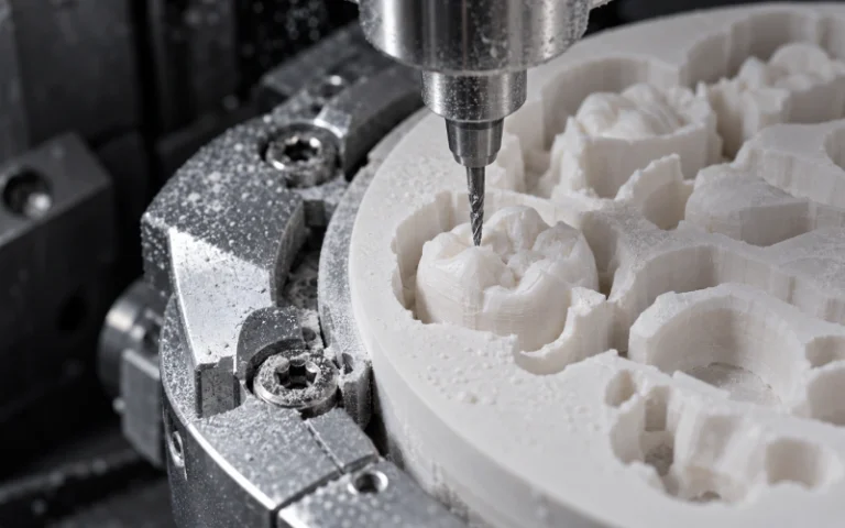 Zirconia dental crown being milled from a ceramic disc
